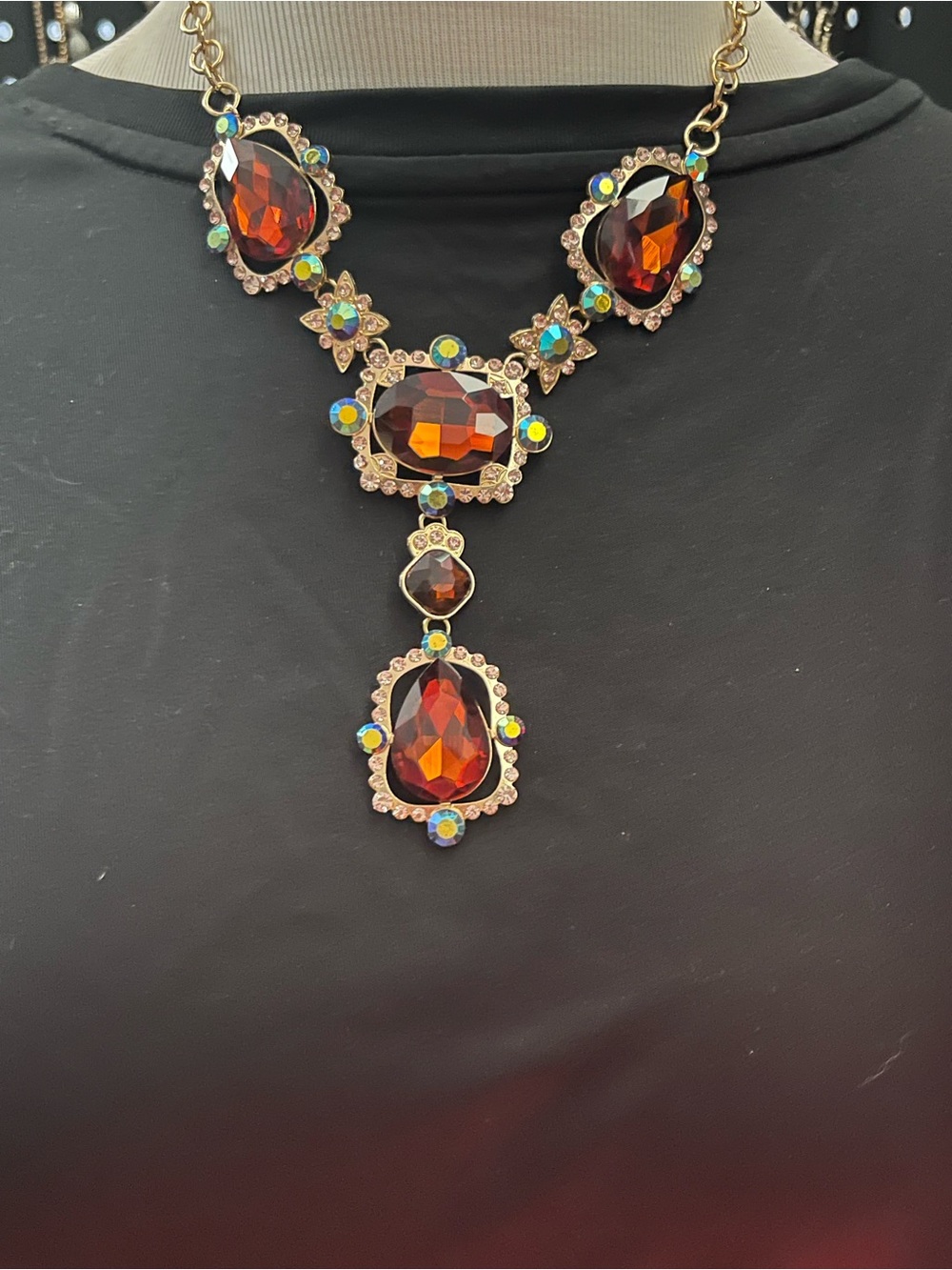Source Unknown Amber and Auroral Crystal Drop Necklace